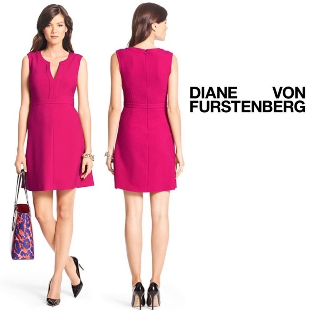 Diane von Furstenberg Sleeveless V-Neck Fuchsia A-Line Dress- Size 8 - Picture 4 of 9